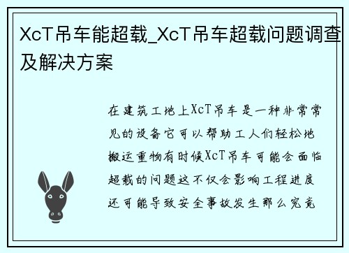XcT吊车能超载_XcT吊车超载问题调查及解决方案