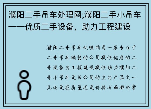 濮阳二手吊车处理网;濮阳二手小吊车——优质二手设备，助力工程建设